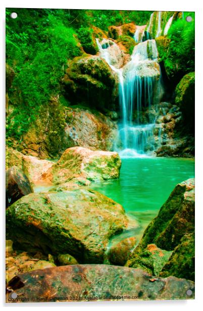 A waterfall flowing over rocks into a lake. Acrylic by Hanif Setiawan