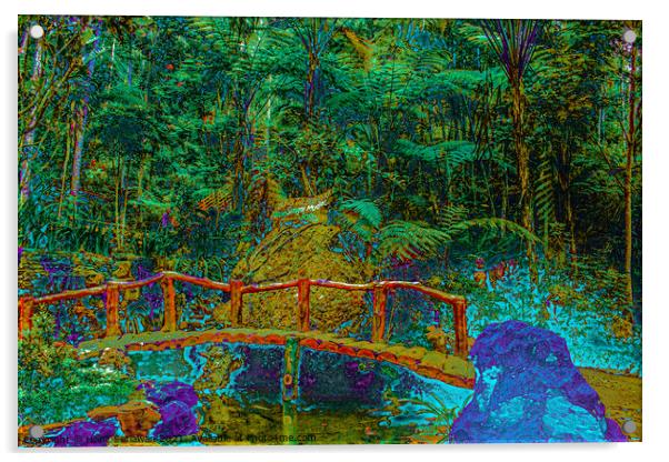 A bamboo bridge at a fish pond in the rain forest  Acrylic by Hanif Setiawan