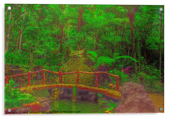 A bamboo bridge at a fish pond in the rain forest  Acrylic by Hanif Setiawan