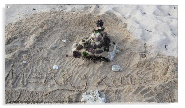 Merry Xmas greetings with Santa Claus on sand beach 1 Acrylic by Hanif Setiawan