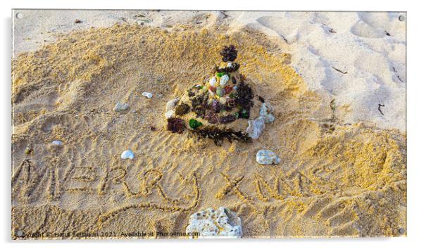 Merry Xmas greetings with Santa Claus on sand beach 1c Acrylic by Hanif Setiawan