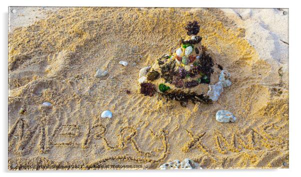 Merry Xmas greetings with Santa Claus on sand beach 1d Acrylic by Hanif Setiawan