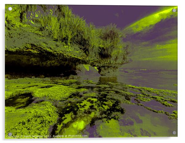 Mars seascape with green rocks Acrylic by Hanif Setiawan