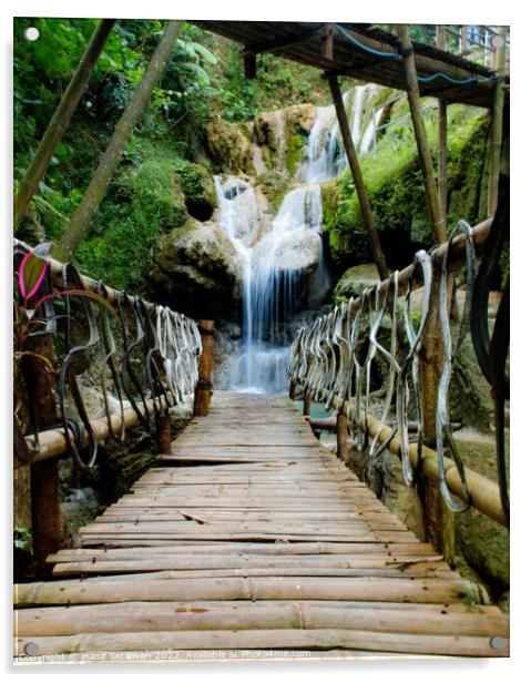 Bamboo footbridge to waterfall - vertical Acrylic by Hanif Setiawan