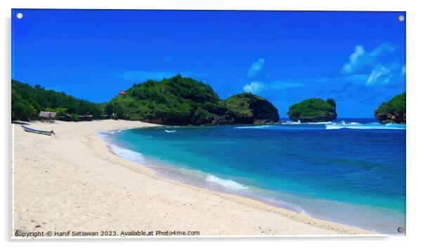 Watu Karung lagoon sand beach with a boat and rock islands Acrylic by Hanif Setiawan