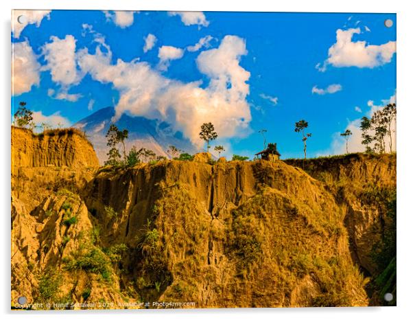 Vulcan Merapi behind steep hill 2 Acrylic by Hanif Setiawan