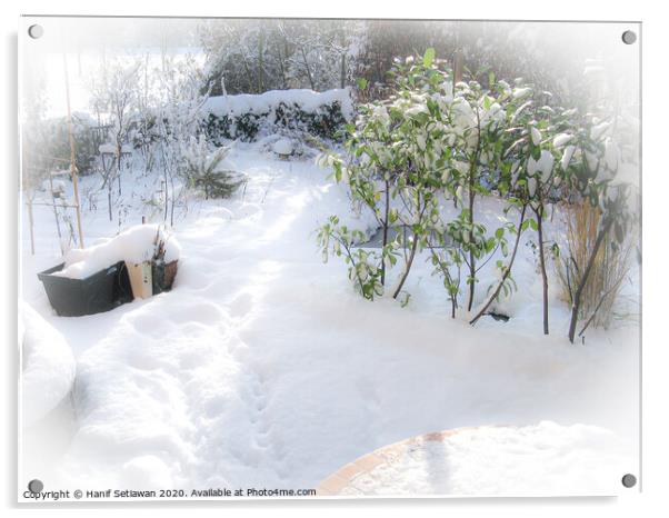 Fresh snow with deep foot prints in sunny garden Acrylic by Hanif Setiawan
