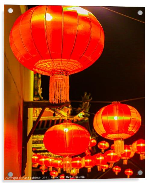 Red lantern as street lights hanging at a wall for Chinese New Year Acrylic by Hanif Setiawan