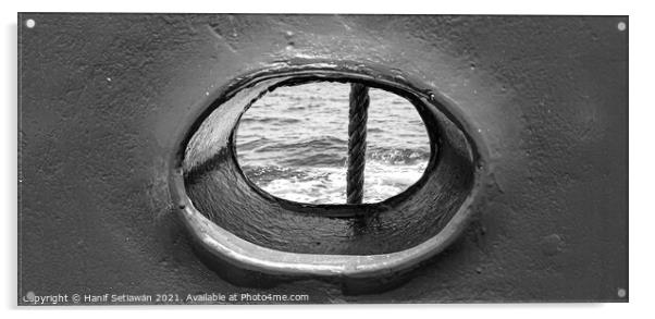 Bull´s eye in a blue iron wall from a ship. 1bw Acrylic by Hanif Setiawan
