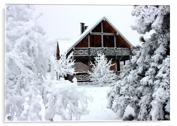 Cottage in winter.  Acrylic by Mikhail Pogosov