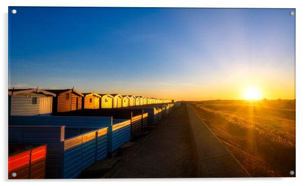 Sunset over the Walings beach huts Frinton-on-Sea Acrylic by Paula Tracy