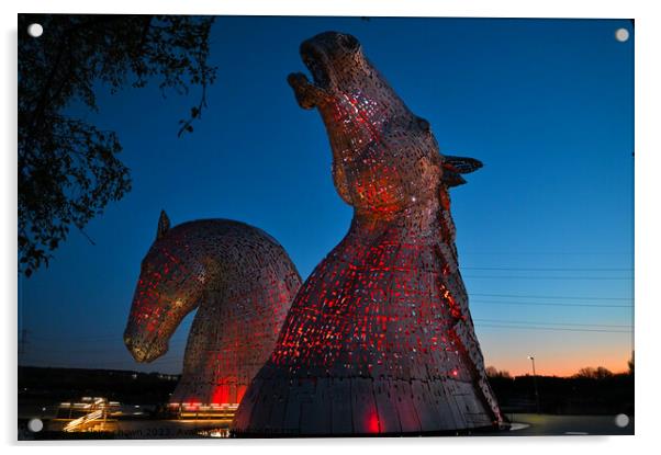 The Kelpies At Night in Red Acrylic by claire chown