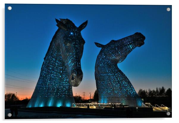 The Kelpies at Night in Blue Acrylic by claire chown