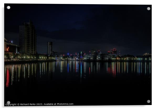 Manchester Skyline at Night Acrylic by Richard Perks