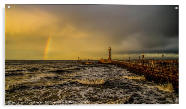 Rainbow`s end at Whitby Pier Acrylic by Richard Perks