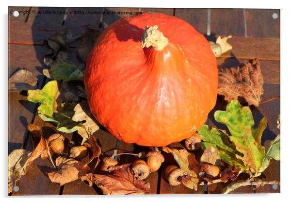 Pumpkin, dead leaves and acorn on a wooden table Acrylic by aurélie le moigne