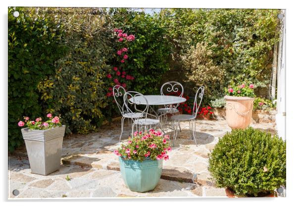 Flowered terrace with garden furniture Acrylic by aurélie le moigne