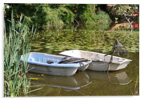 Rowing boats on a pond Acrylic by aurélie le moigne