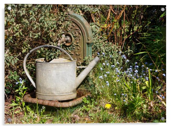 Watering can in zinc on a fountain in cast iron Acrylic by aurélie le moigne