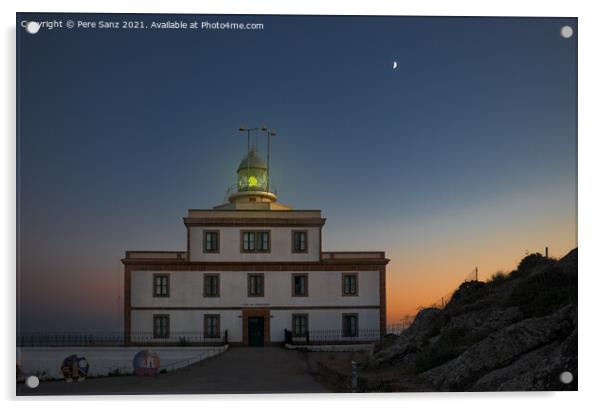 Green Light on Fisterra Lighthouse During Crescent Moon, Galicia Acrylic by Pere Sanz