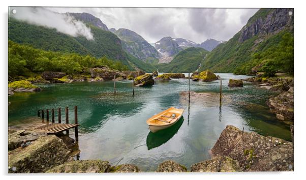 Boat in a lake close to  Buerbreen Glacier, Norway Acrylic by Pere Sanz