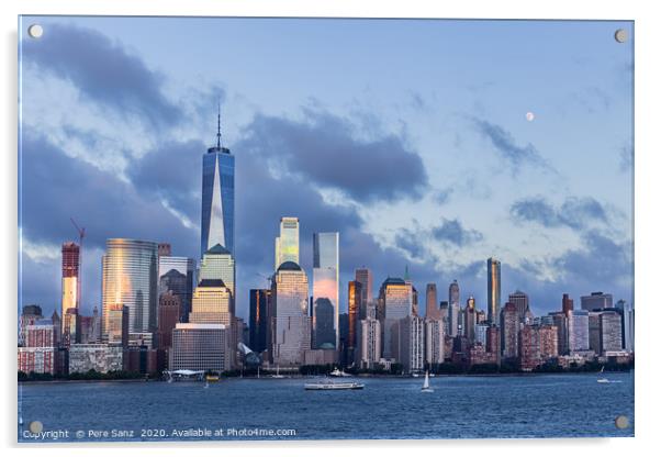 Lower Manhattan Skyline and moon rising at blue ho Acrylic by Pere Sanz