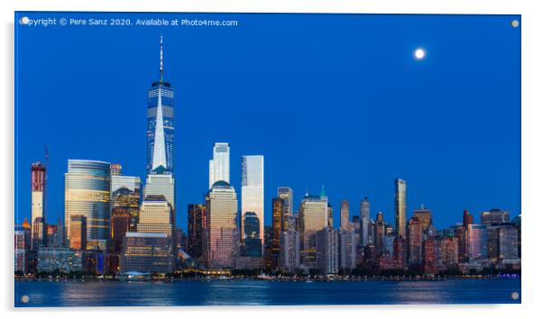 Lower Manhattan Skyline and moon rising at blue hour, NYC, USA Acrylic by Pere Sanz