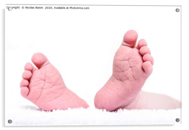 Newborn feet close up on white background. Baby bo Acrylic by Nicolas Boivin
