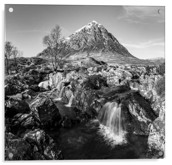 Buachaille Etive Mòr Waterfall Black and White Acrylic by Kevin Winter