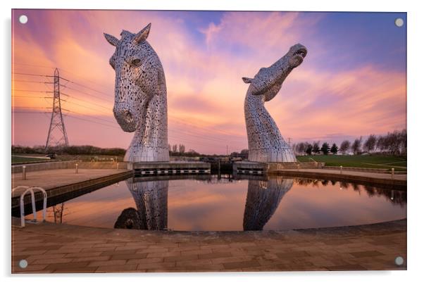 Mirror reflections of the Kelpies at sunrise Acrylic by Kevin Winter