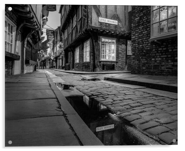 York shambles at sunrise in Black & White Acrylic by Kevin Winter