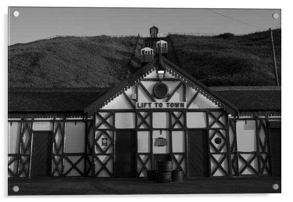 Saltburn cliff lift in black and white Acrylic by Kevin Winter