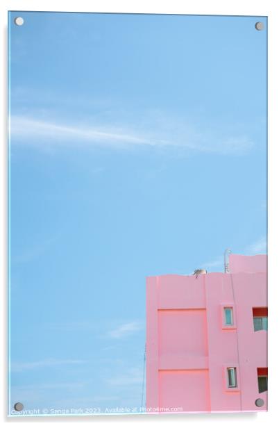 Pink minimal building with blue sky Acrylic by Sanga Park