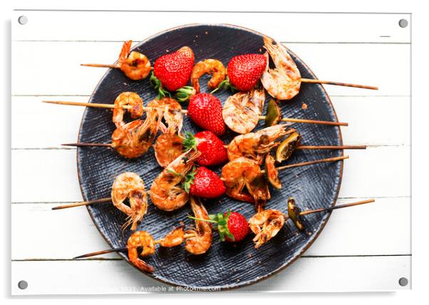 Grilled tiger shrimps skewers with strawberries Acrylic by Mykola Lunov Mykola