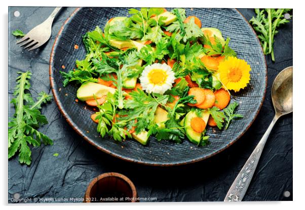 Diet salad with chrysanthemum leaves and avocado Acrylic by Mykola Lunov Mykola