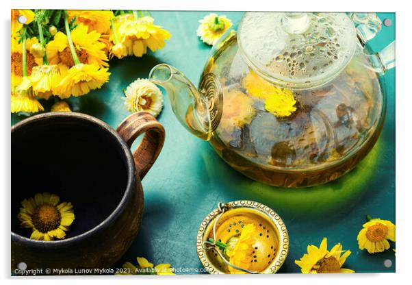 Glass teapot with flower tea,herbalism Acrylic by Mykola Lunov Mykola