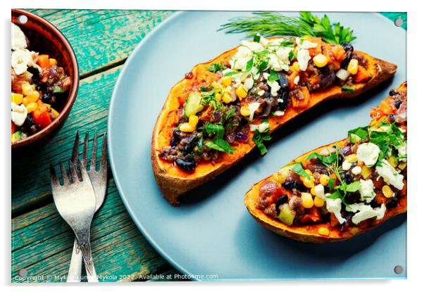 Sweet potato stuffed with vegetables and cottage cheese. Acrylic by Mykola Lunov Mykola