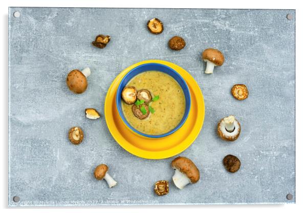 Champignon cream soup, top view Acrylic by Mykola Lunov Mykola