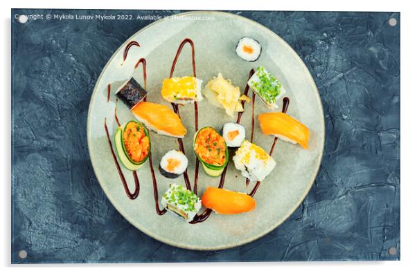 Set of oriental sushi roll, top view Acrylic by Mykola Lunov Mykola