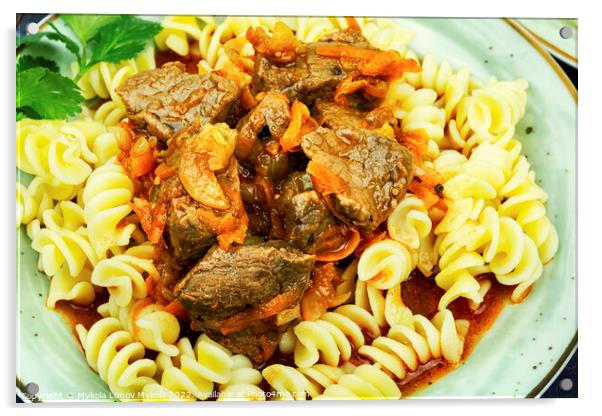 Stewed beef meat with macaroni Acrylic by Mykola Lunov Mykola