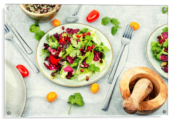 Salad of fresh vegetables and herbs. Acrylic by Mykola Lunov Mykola