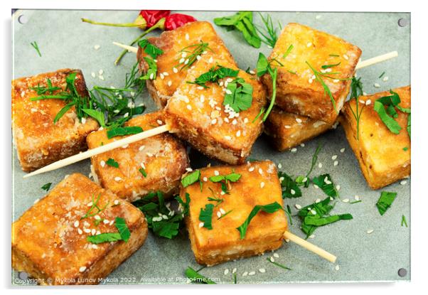 Skewers with fried tofu cheese Acrylic by Mykola Lunov Mykola