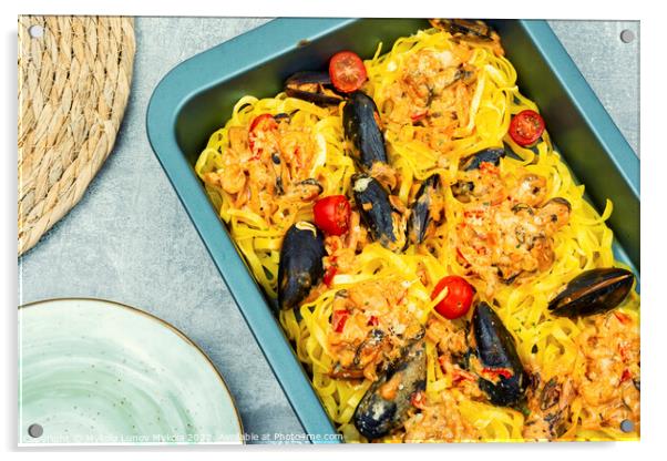 Seafood pasta with clams, spaghetti Acrylic by Mykola Lunov Mykola