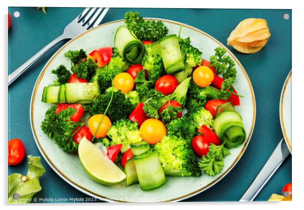 Appetizing salad with physalis, healthy food. Acrylic by Mykola Lunov Mykola