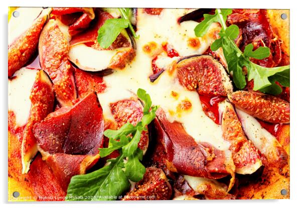 Appetizing pizza with bacon and fruit. Acrylic by Mykola Lunov Mykola