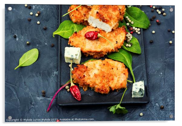 Dietary baked chicken schnitzel. Acrylic by Mykola Lunov Mykola