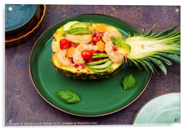 Pineapple with shrimp, rice and avocado. Acrylic by Mykola Lunov Mykola