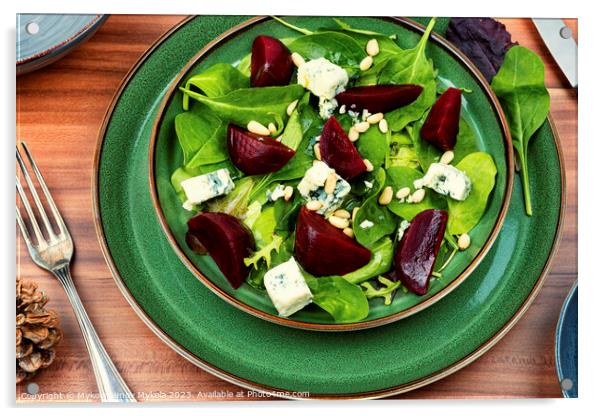 Salad with beet, blue cheese and pine nuts Acrylic by Mykola Lunov Mykola