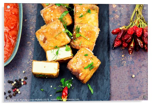 Yummy tofu cheese roasted with sesame Acrylic by Mykola Lunov Mykola