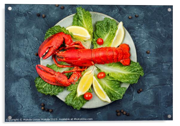 Cooked whole red lobster with fresh lettuce Acrylic by Mykola Lunov Mykola